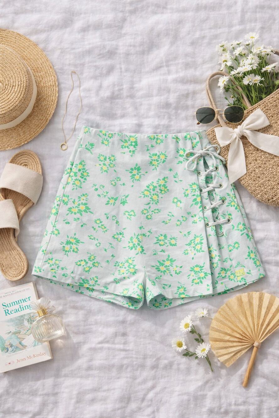 ZARA Women's Floral Wrap Skort Light Blue Green Yellow Side Tie Feminine Size M